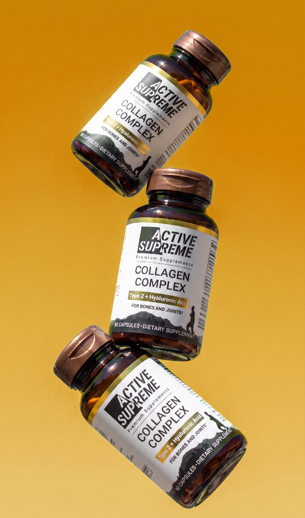 Three amber glass bottles of Active Supreme Collagen Complex dietary supplements floating diagonally against a solid yellow-orange gradient background.
