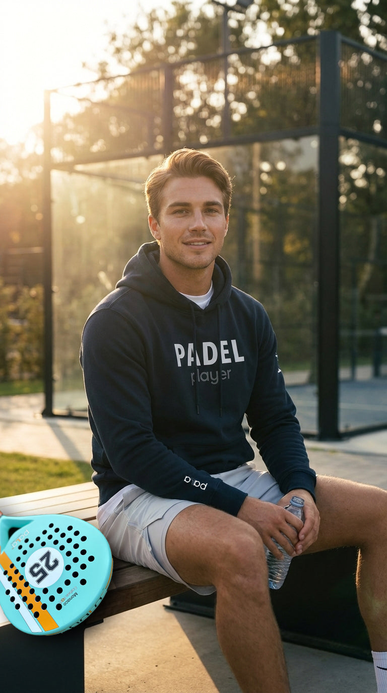 man sitting on a bench after playing padel with a blue hoodie and padel racket