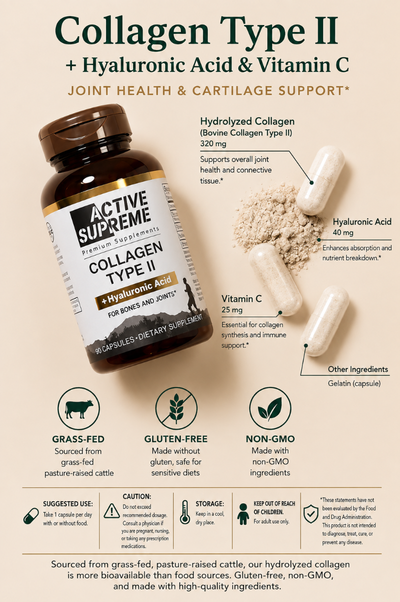 A product infographic for Active Supreme Collagen Type II, showing a dark brown bottle and a clear capsule filled with white powder, with text detailing joint health benefits and ingredient breakdowns on a beige background.