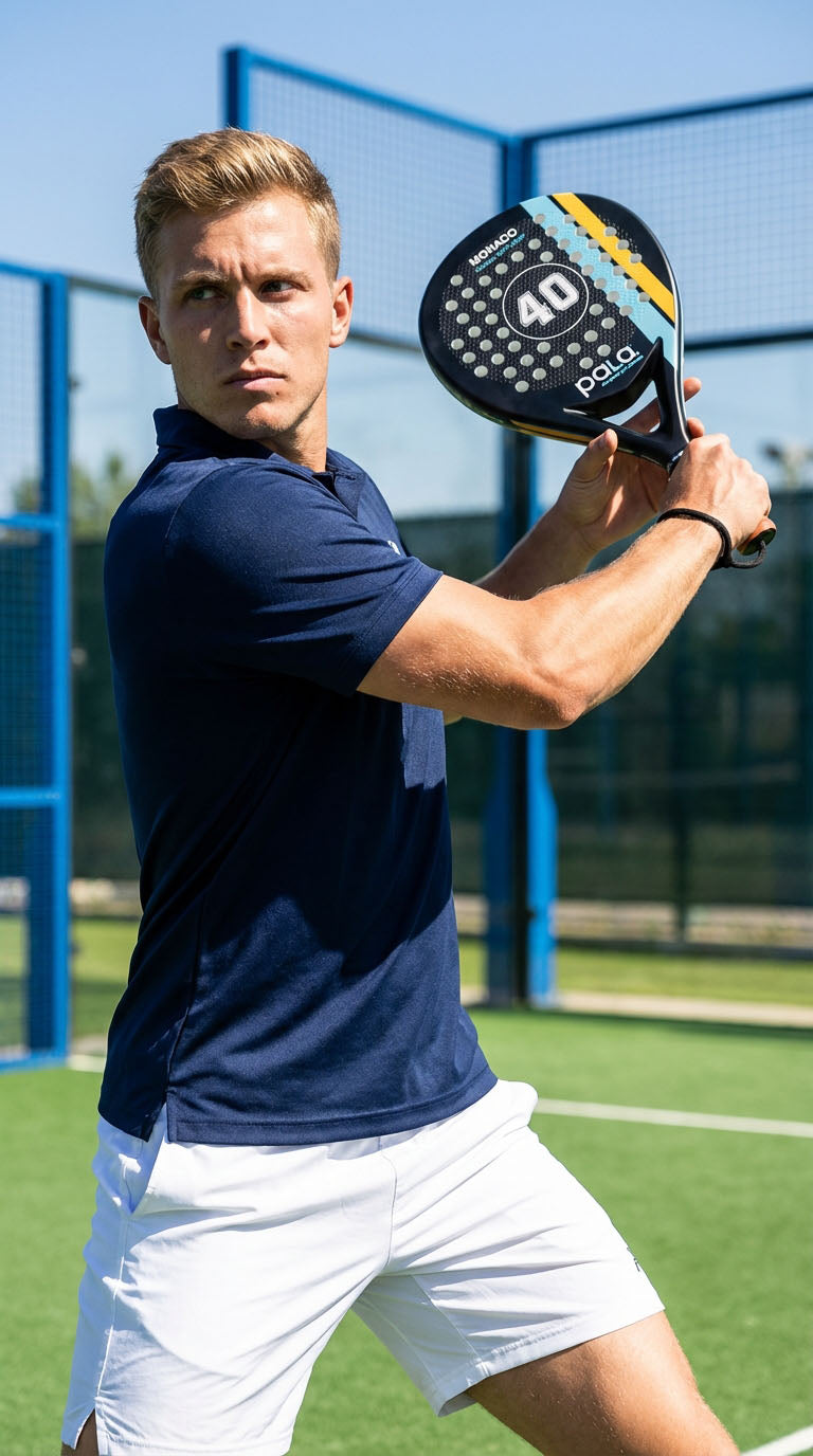 man hitting a back hand stroke with a monaco pala padel racket on a green grass padel court