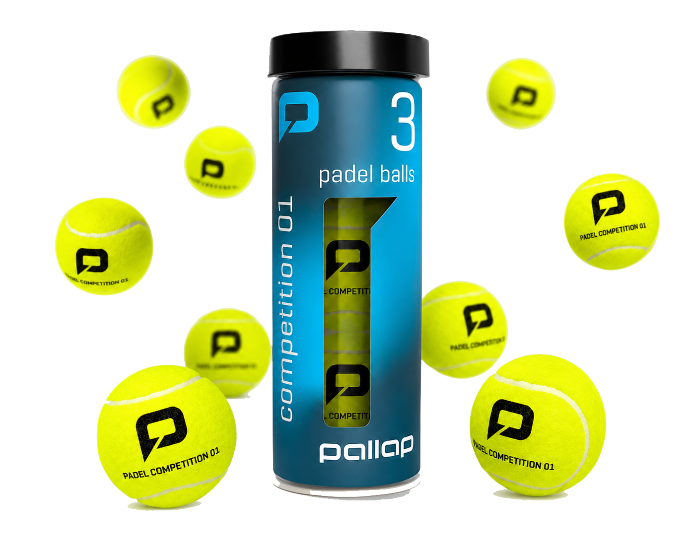A canister of Padlap Padel Competition G1 tennis balls surrounded by floating bright yellow tennis balls on a white background.