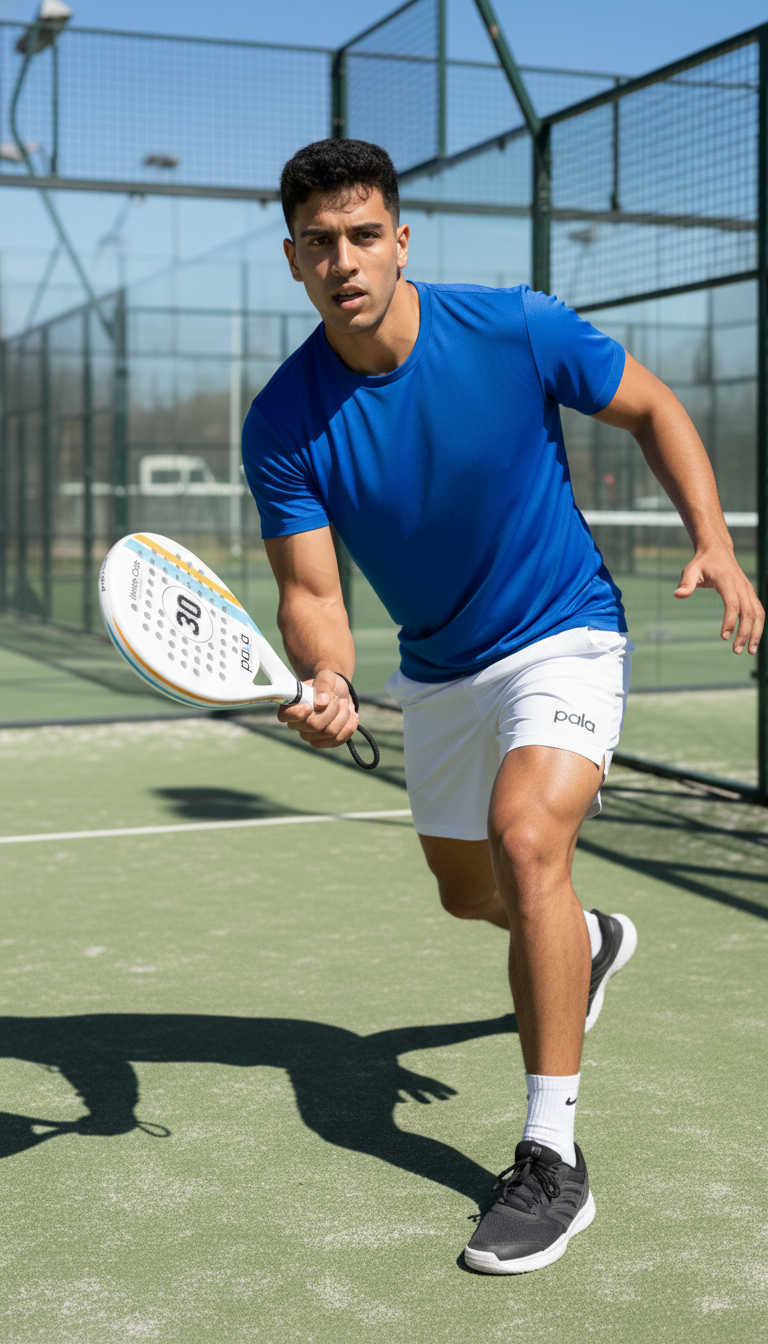 man playing padel with a monte carlo pala padel racket in a green padel court