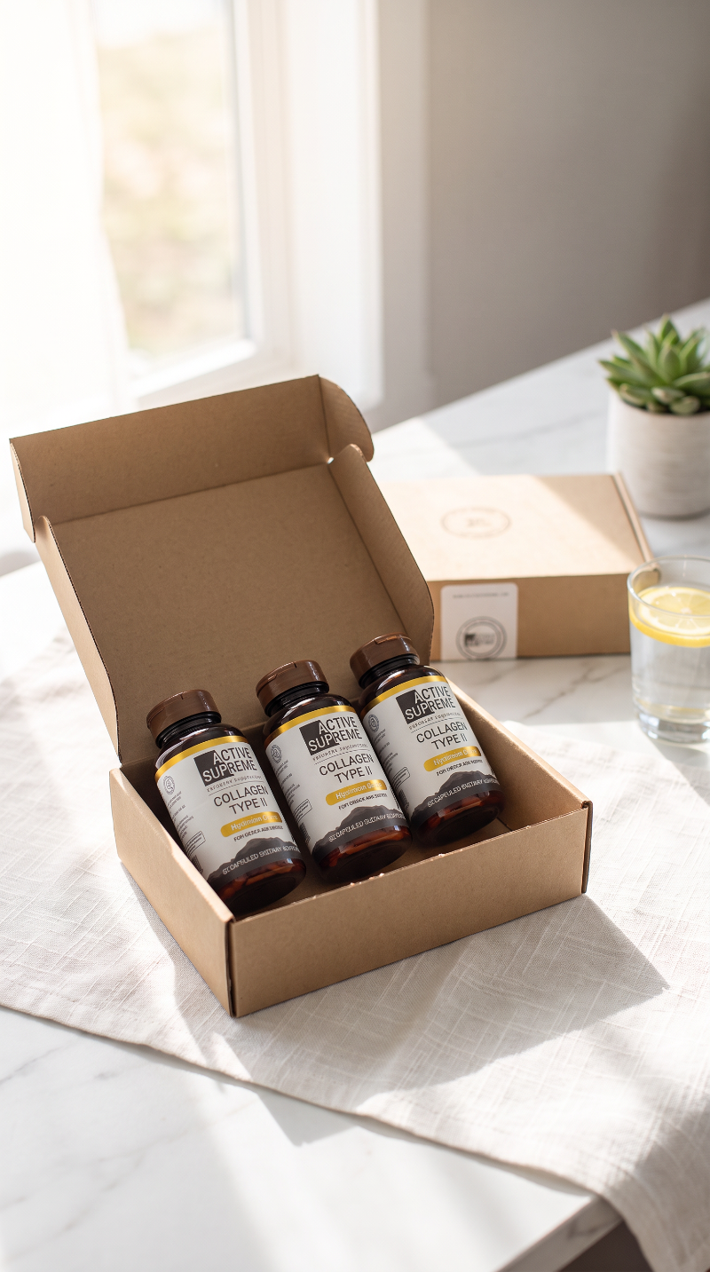 Three supplement bottles in a kraft cardboard gift box on a light marble surface, with a second closed box and a small potted succulent in the background.