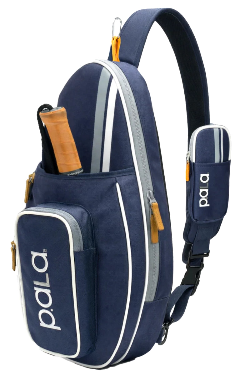 Navy blue sling bag with white accents and 'Pala' branding on a white background