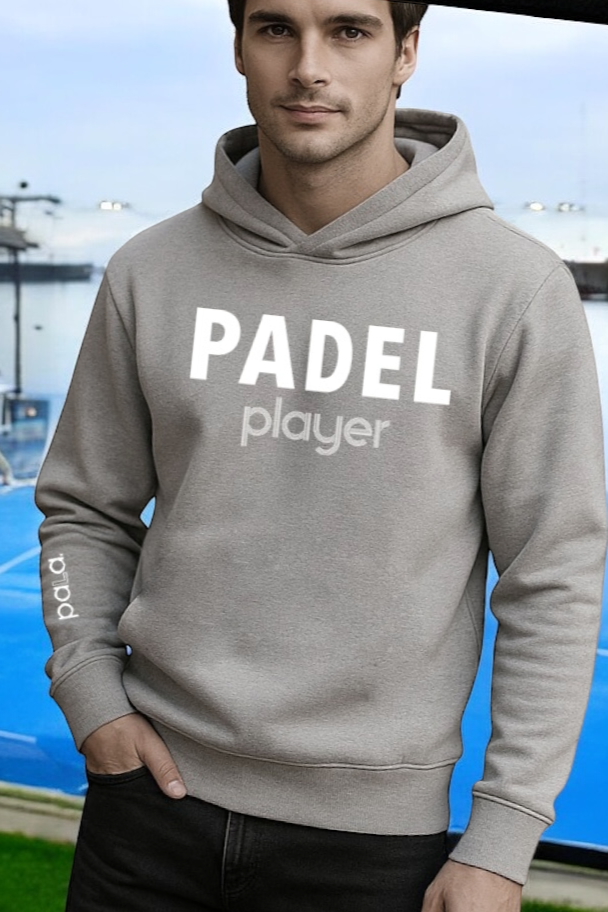 handsome man wearing a padel hoodie grey oversized cool look by pala padel usa
