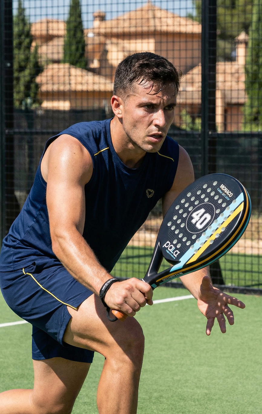 Man playing padel tennis on a court with a monaco racket