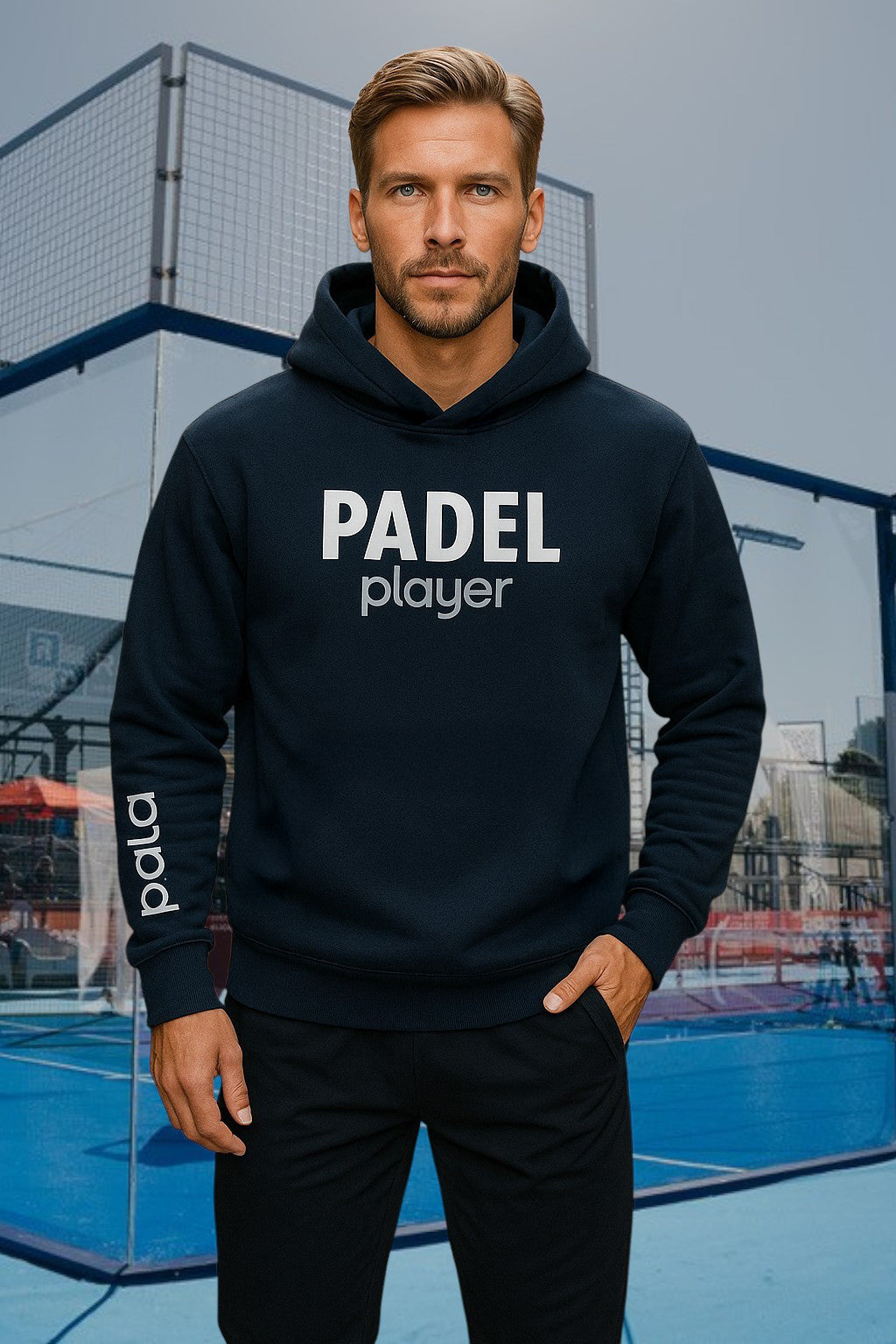 Man wearing a black hoodie with 'PADEL player' printed in white on the chest and 'pala.' vertically on the left sleeve. The hoodie features a front pocket and drawstrings. He is standing in front of an outdoor padel court with blue turf and glass walls