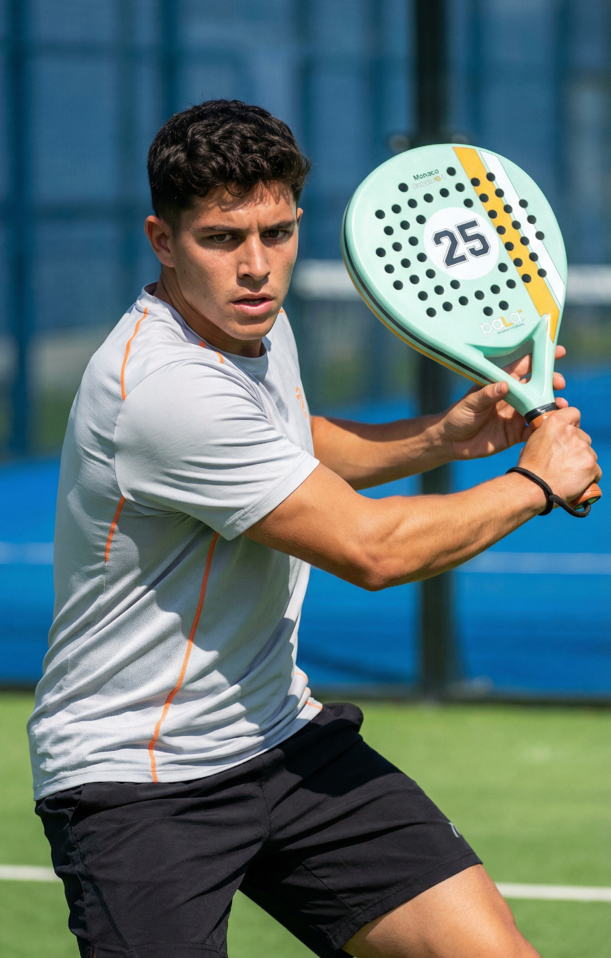man playing padel back hand stroke with 25 monaco padel racket mint