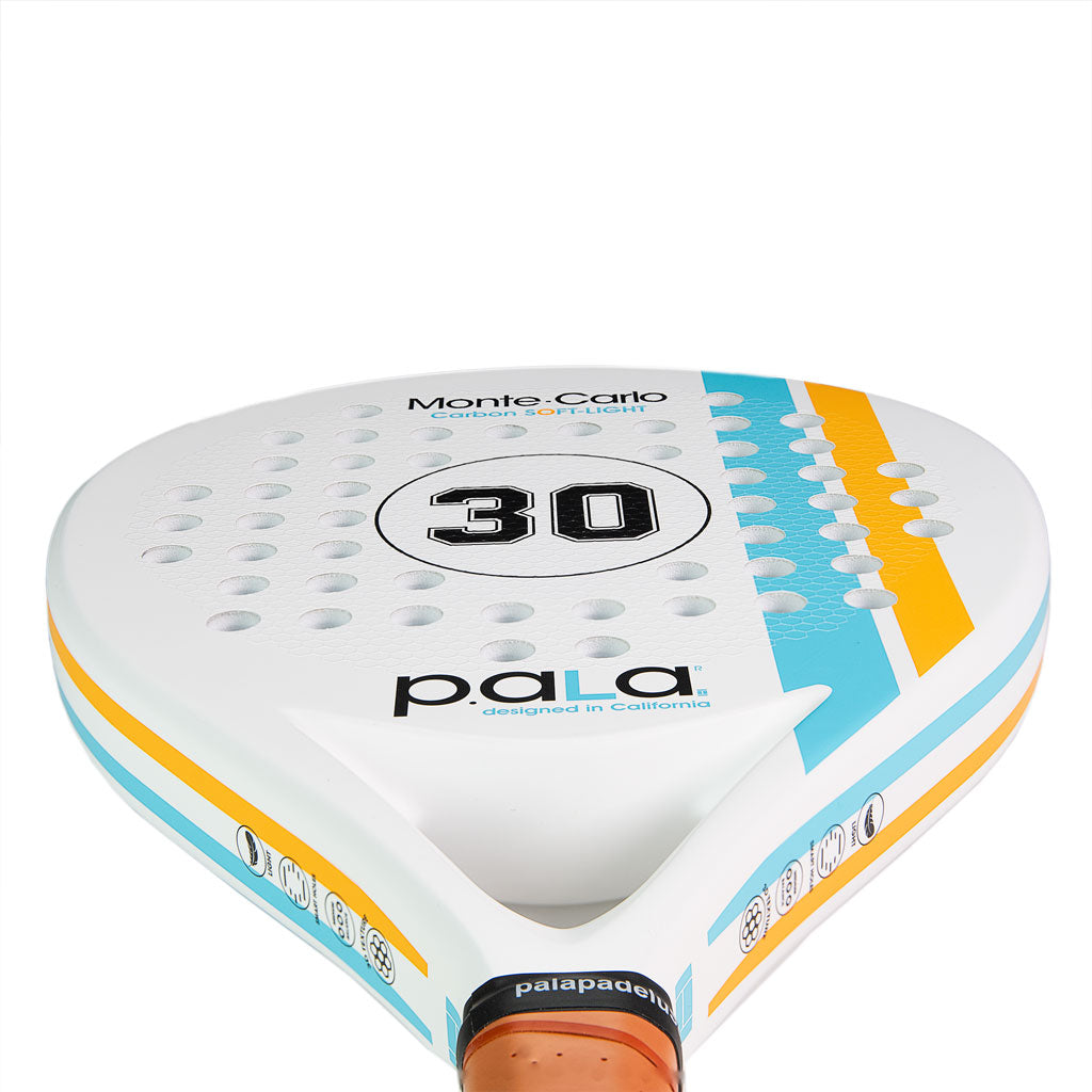 white padel racket with number 30 as the game points with a blu and an orange line retro look