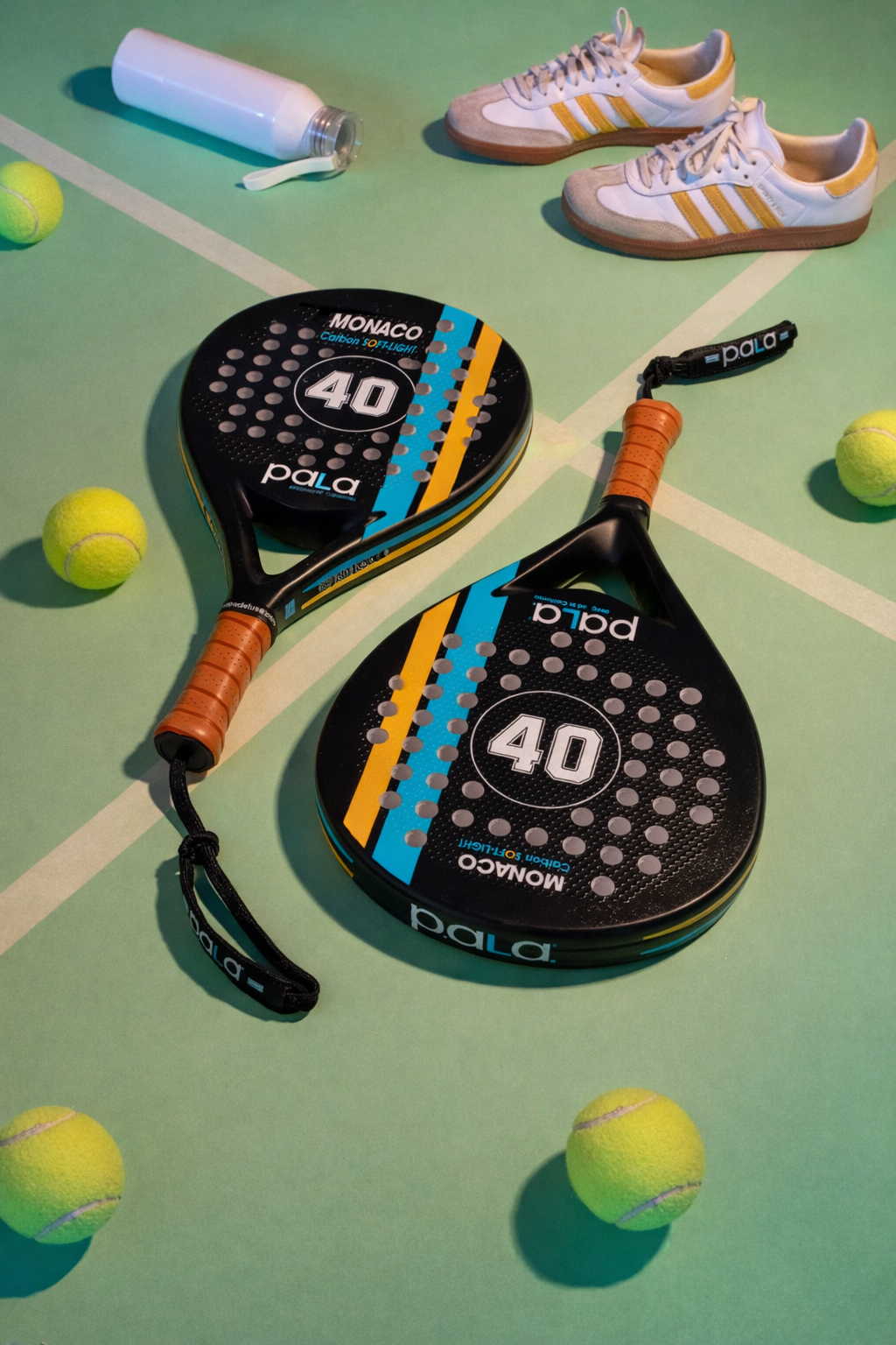 padel set of rackets in padel court with padel balls and padel shoes usa padel