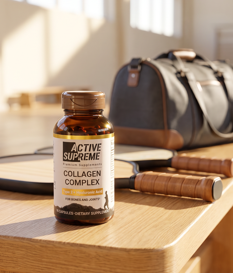 An amber bottle of Active Supreme Collagen Complex dietary supplement placed on a light wood table, with a blurred gray duffel bag and wooden-handled exercise bars in the background.