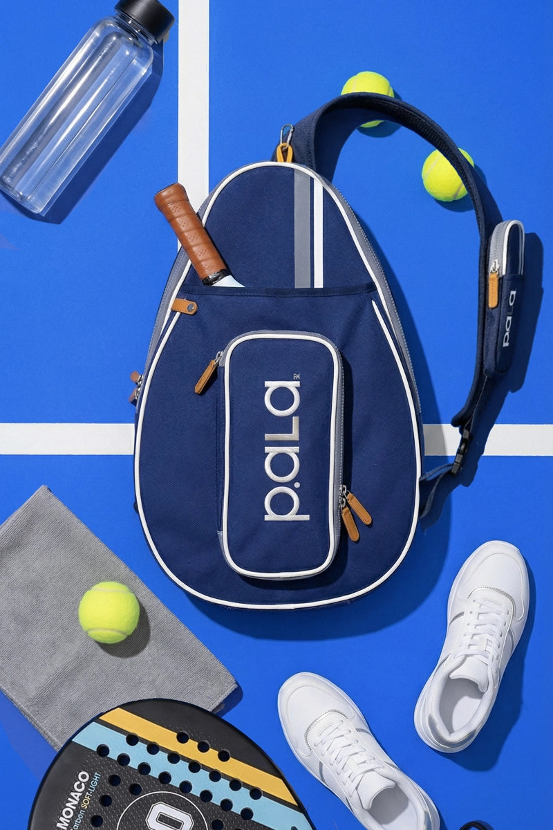 amazing blue padel bag perfect for essentials like padel rackets, padel balls, water bottle, padel shoes, towel in a blue padel court with white lines