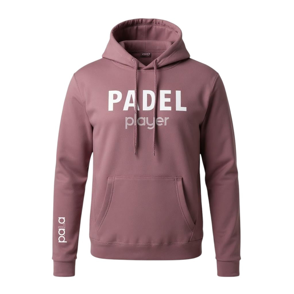 Dusty rose hoodie with the words 'PADEL player' printed in white across the chest. The sleeve features the brand name 'pala.' printed vertically in white. The hoodie has a front kangaroo pocket, drawstrings, and ribbed cuffs and hem