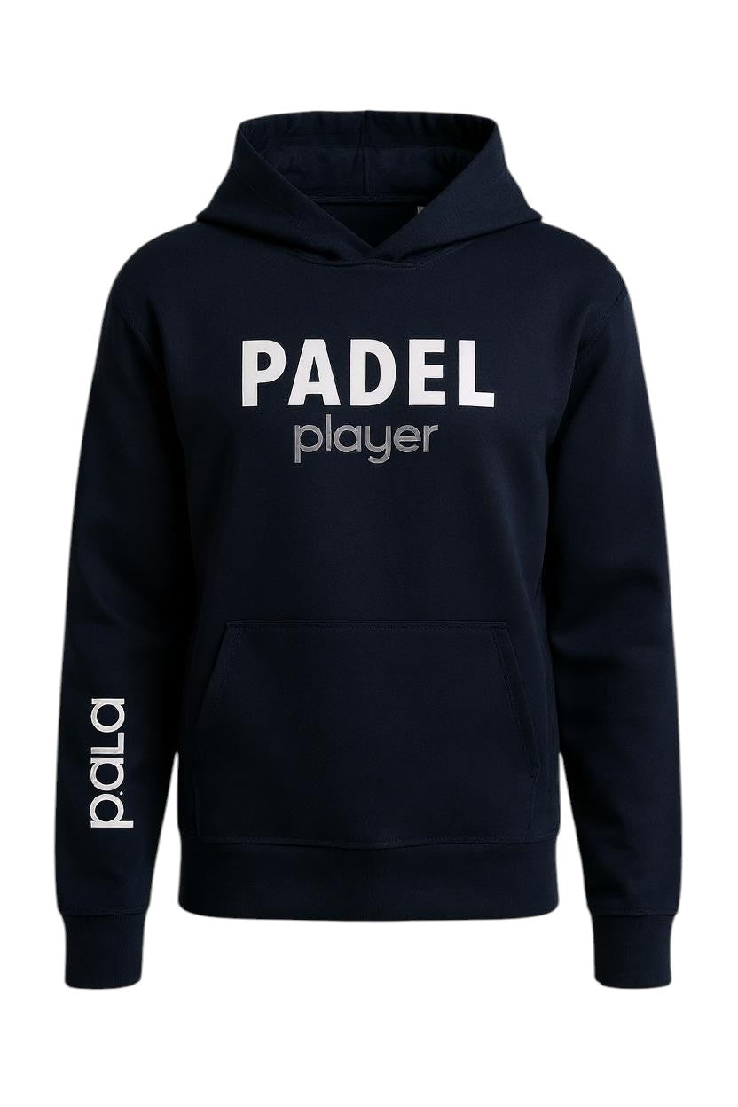 NAVY BLUE hoodie with 'PADEL player' printed in white on the chest and 'pala.' vertically on the left sleeve. The hoodie features a front pocket and drawstrings. 