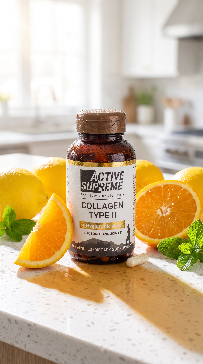 A bottle of Active Supreme Collagen Type II dietary supplements sits on a kitchen counter surrounded by fresh lemons, orange slices, and mint leaves.