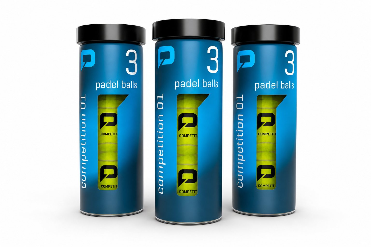 Three blue cylindrical canisters of padel balls labeled '3 padel balls' and 'competition 01' with a clear window showing yellow-green padel balls inside, set against a plain white background.