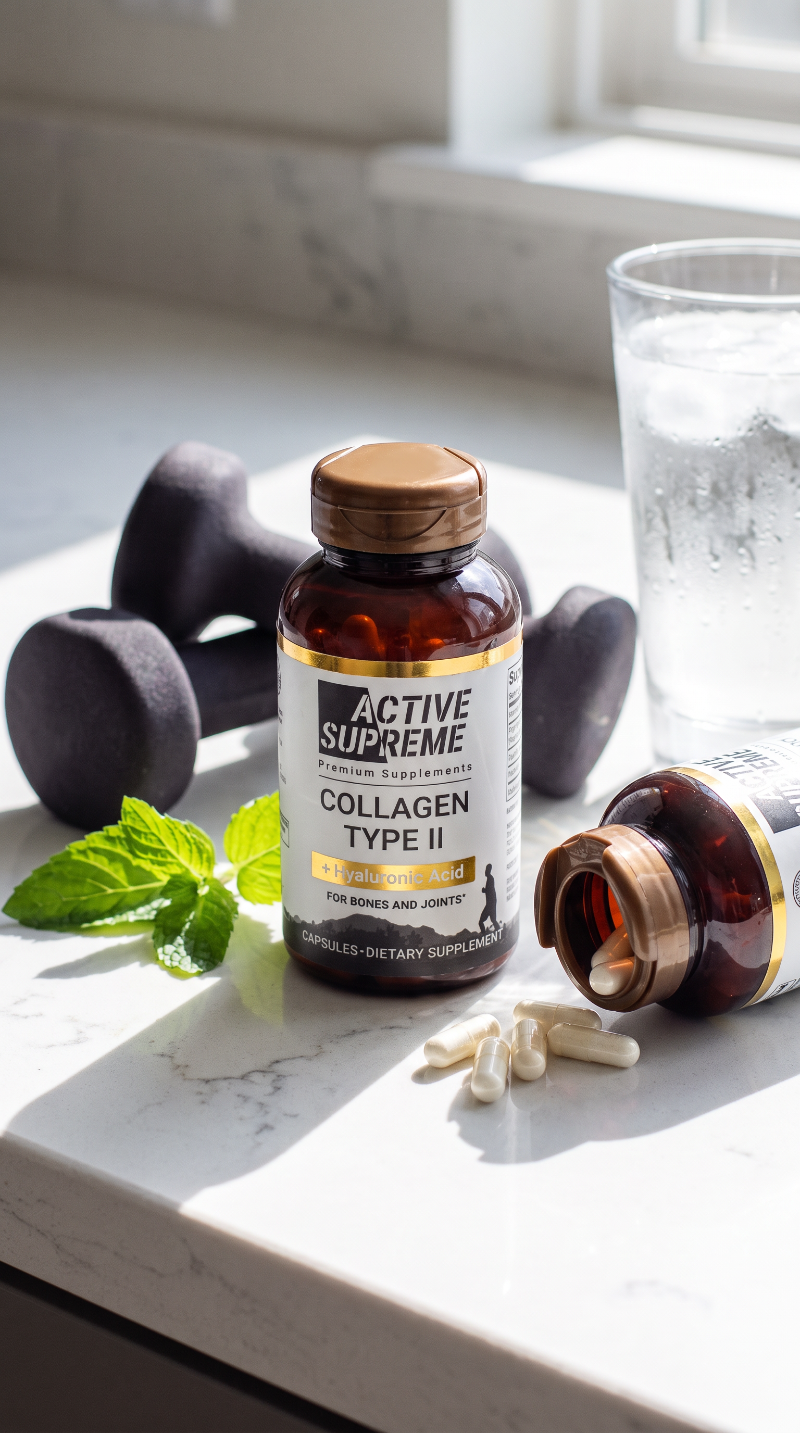 A bottle of Active Supreme Collagen Type II dietary supplements sits on a white marble countertop with a second bottle lying on its side, capsules spilled out, mint leaves, and dark dumbbells in the background near a glass of water.