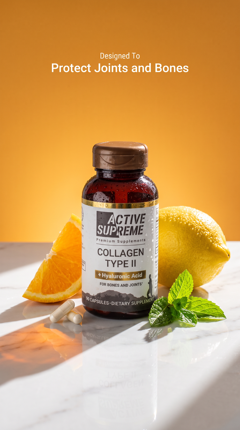A bottle of Active Supreme Collagen Type II dietary supplement stands on a white marble surface with an orange and lemon background. The bottle is flanked by a lemon half, a garlic clove, and mint leaves, with the text 'Designed To Protect Joints and Bones' at the top.