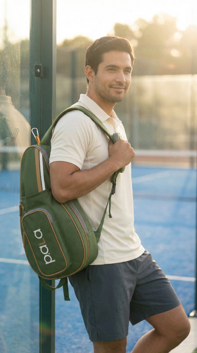man holding a padel racket hunter green in a padel court 