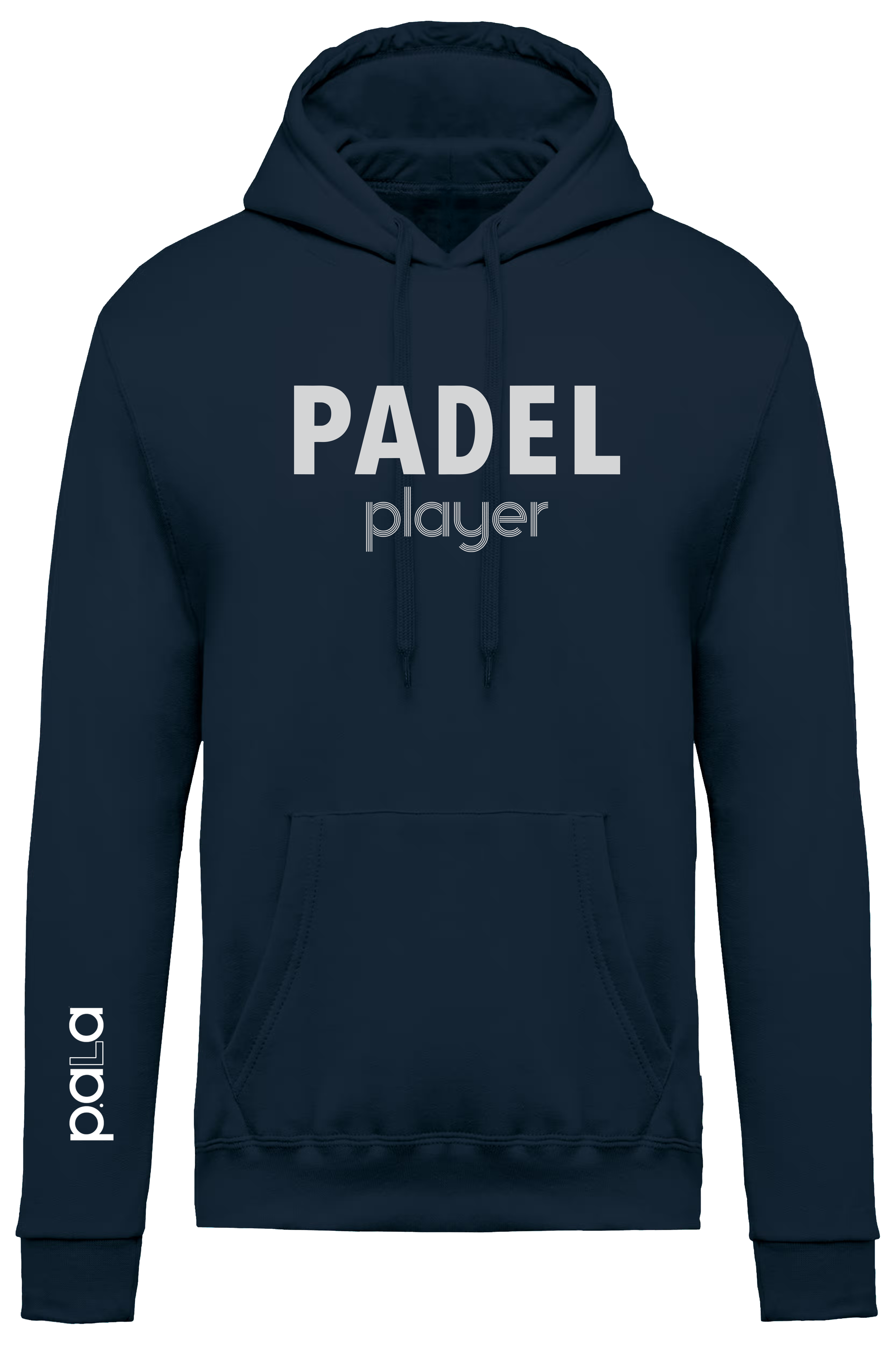 navy blue hoodie with a minimalist design. It has the words "PADEL player" printed in white across the chest — “PADEL” in bold uppercase letters, and “player” in a lighter, lowercase font underneath. On the left sleeve near the wrist, the brand name "pala." is printed vertically in white. The hoodie features a classic design with a front pocket 
ribbed cuffs, and a ribbed hem.