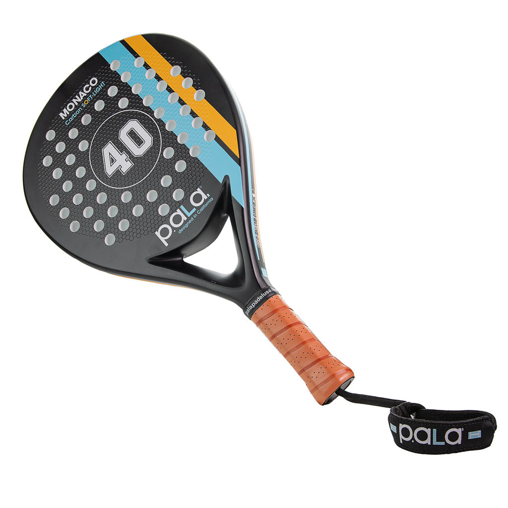 Paddle racket with orange handle and black and blue design on a white background